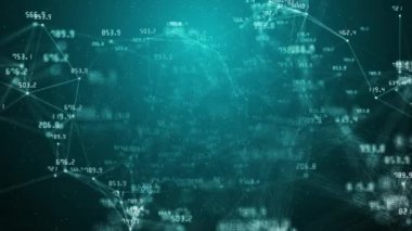 Mavi soyut arkaplanda numaralar ve pleksus çizgileri var. Mali göstergeler kaotik bir şekilde değişiyor. Birleştirilmiş noktalar ve küçük parçacıklar. Döngülü iş canlandırması.