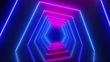 Renkli hareketli neon tünel. Parlayan ve yere yansıyan mavi ve kırmızı çizgiler. Döngüsüz, kusursuz canlandırma.