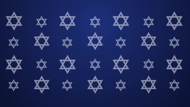 アニメーションブルーの背景にデビッドシンボルの黄金のユダヤ教の聖書の星 ぼやけた粒子を持つループ運動グラフィックス — ストック動画