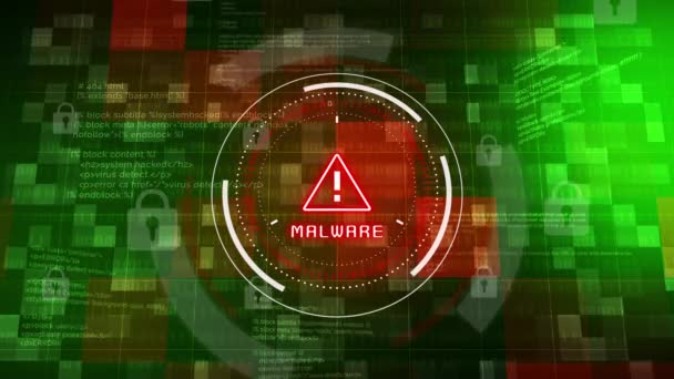 Červená Výstraha Malware Vykřičníkem Kruhu Čísly Zelené Pozadí Textovým Kódem — Stock video