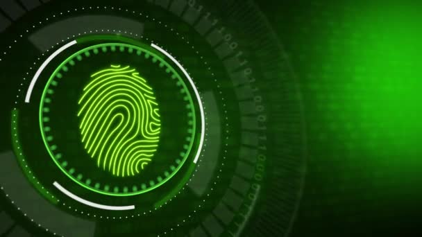 指紋スキャン付きの丸ボタン バイナリコードと緑の背景に仮想コンピュータサイバーセキュリティ要素のHudアニメーション — ストック動画