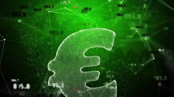 绿色背景上的欧元符号的3D全息图 带有丛线条和圆点 证券交易所金融指标的价值不断变化 空间运动图像摘要 — 图库视频影像