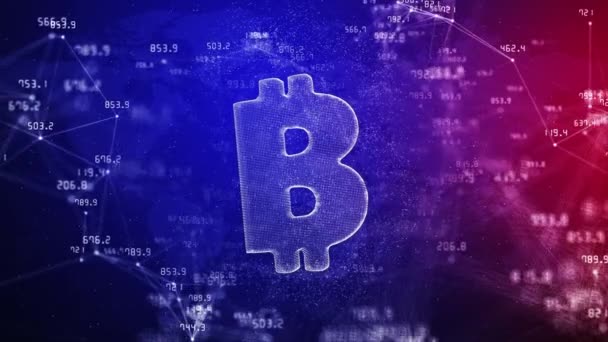 Kryptowaluta Bitcoin Symbol Niebieskim Tle Zmieniającymi Się Wskaźnikami Finansowymi Linie — Wideo stockowe