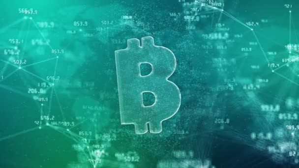 Символ Криптовалюти Bitcoin Зеленому Фоні Зміною Фінансових Показників Рядки Точки — стокове відео