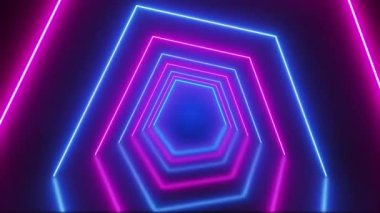 Neon tüneli hareket ediyor. Parlayan ve yere yansıyan mavi ve kırmızı çizgiler. Döngüsüz, kusursuz canlandırma.