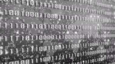 İkili bilgisayar kodlu soyut bir arkaplan. Ekranda hızla değişen sıfırlar ve birler var. Döngülü animasyon. Yanıp sönen bulanık benek noktaları.