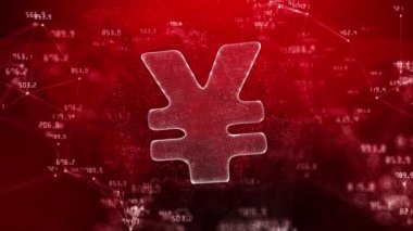 Finansal göstergeleri değişen kırmızı zemin üzerinde Japonca yen işareti. Hareketli sayılarla çizgiler ve noktalar. Soyut döngüye alınmış canlandırma.