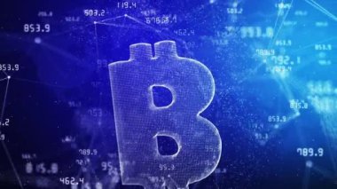 Mavi zemin üzerinde pleksus çizgileri ve noktaları olan bitcoin ikonunun 3 boyutlu hologramı. Borsanın finansal göstergelerinin değerleri sürekli değişiyor. Soyut uzay hareket grafikleri.