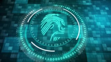 Mavi arkaplandaki parmak izi tarayıcısı ikili kod ve yanıp sönen piksellerle. H.U.D dönen elementler. Döngülü hareket grafikleri. Biyometrik veri koruması kavramı.
