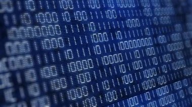 İkili kodu değiştirilmiş elektronik ekran. Yanıp sönen noktalar ve piksellerle mavi bilgisayar ekranı. Birlerin ve sıfırların aydınlanması. Bulanık arkaplan ile soyut canlandırma.