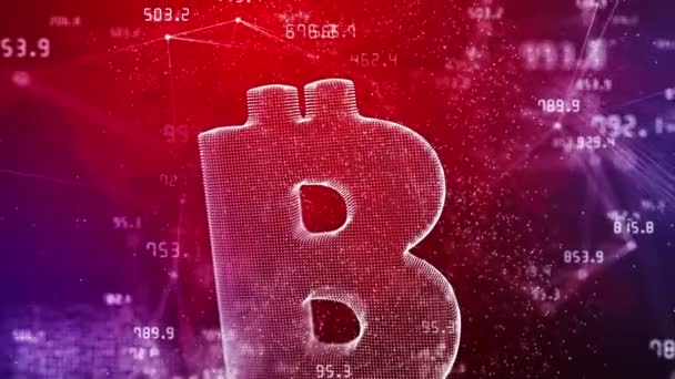 Holograma Del Icono Blockxhain Bitcoin Sobre Fondo Rojo Con Líneas — Vídeos de Stock