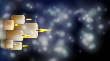 Dikey video. Mavi koyu arkaplanda, bulanık bokeh parçacıkları olan dekoratif mumların peri masalı animasyonu. Mum ışığının titremesi. Döngülü hareket grafikleri.