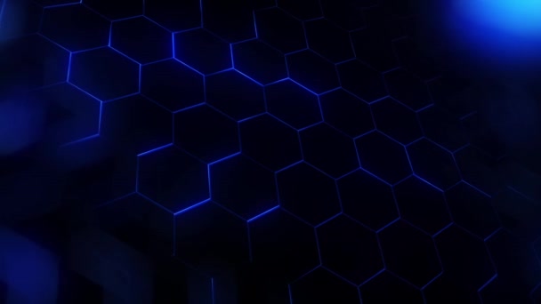 Schwarze Sechseckige Formen Auf Dunkelblauem Hintergrund Mit Leuchtenden Strahlen Looping — Stockvideo