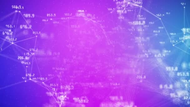 ピンクと青の抽象的な背景に数字とプレキシスライン 混乱して変化する金融指標 接続された点と小さな粒子 ループビジネスアニメーション — ストック動画