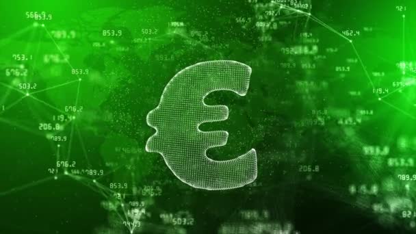 ユーロの通貨は 財務指標の変化を背景に緑色で表示されます 移動する数字の線とドット 概要ループアニメーション — ストック動画