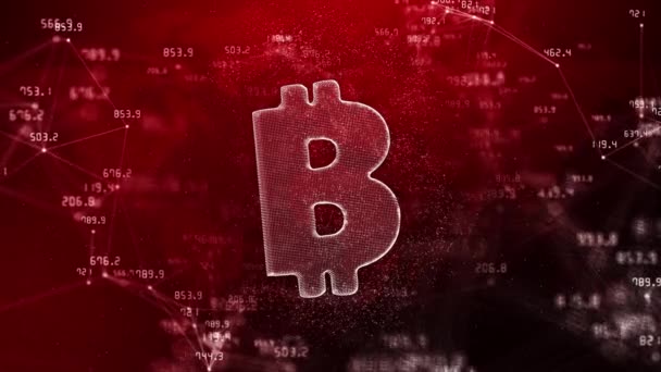 Bitcoin Cryptogeld Symbool Rode Achtergrond Met Veranderende Financiële Indicatoren Lijnen — Stockvideo
