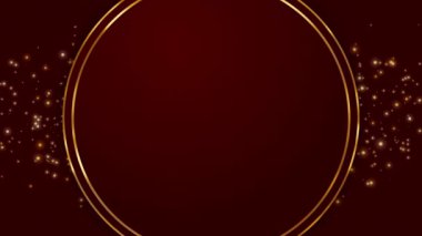 Kırmızı zemin üzerinde parlak küçük parçacıklar uçuşan altın halkalar. Ortadaki metin için boş alanı olan canlandırılmış ekran koruyucusu. Kutlama kartı..