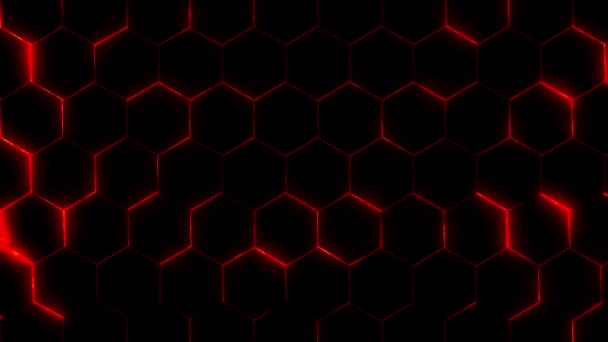 Futurystyczna Powierzchnia Ciemnych Sześciokątów Neonowym Czerwonym Blaskiem Tło Technologiczne Wzorcami — Wideo stockowe