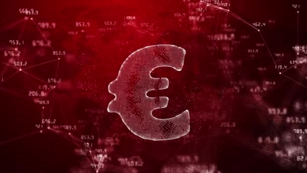 红色背景上的欧元货币符号 随着财务指标的变化而变化 带移动数字的线条和圆点 抽象循环动画 — 图库视频影像