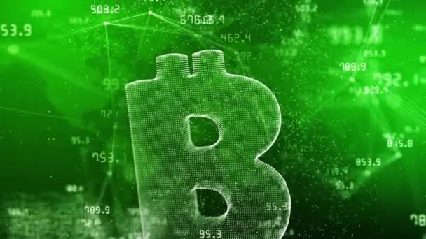 Boyutlu Bitcoin Blokhain Hologramı Yeşil Zemin Üzerinde Pleksus Çizgileri Noktaları — Stok video