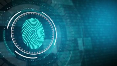Parmak izi taramasıyla yuvarlak düğme. Mavi arkaplanda ikili kodlu sanal bilgisayar siber güvenlik elemanlarının HUD canlandırması.