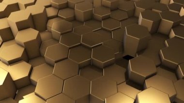 Hareket eden altıgen silindirli altın arkaplan. Soyut üç boyutlu animasyon. Şekillerle dokulu hacim arkaplanı.
