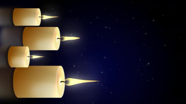 垂直录像 巨大的石蜡蜡烛 火焰燃烧在深蓝色的背景上 小的闪光模糊的火花 循环假日动画 — 图库视频影像
