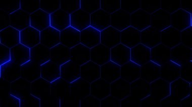 Neon mavisi parıltılı koyu altıgenlerin gelecekteki yüzeyi. Desenli teknolojik altyapı. Döngüsüz, kusursuz canlandırma.