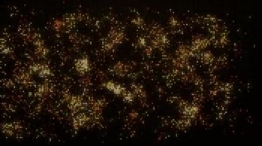 Koyu arkaplandaki altın yuvarlak piksellerin rastgele yanıp sönmesi. Dijital ekran. Soyut döngüye alınmış canlandırma.