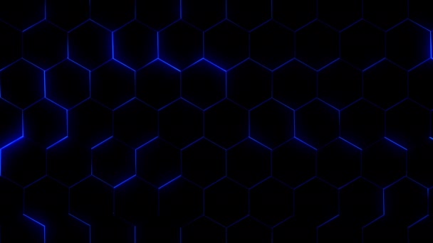 Futuristische Oberfläche Aus Dunklen Sechsecken Mit Neonblauem Schein Technischer Hintergrund — Stockvideo