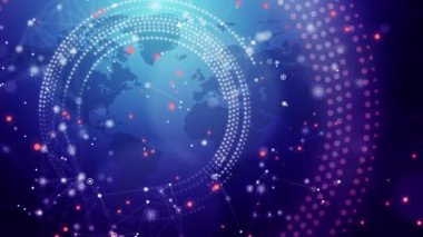 Kırmızı noktalar ve pleksus çizgileri olan bilimsel poligonal mavi arkaplan. Dünya haritasında geometrik daireler. Döngülü canlandırma.