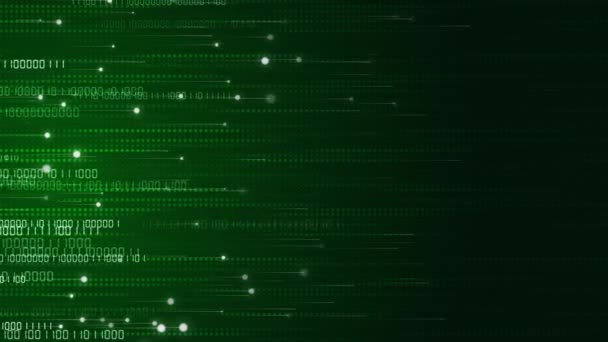 数字数据网络二进制代码 数字和发光粒子在深绿色背景上的运动 点和像素在行 循环动画 — 图库视频影像