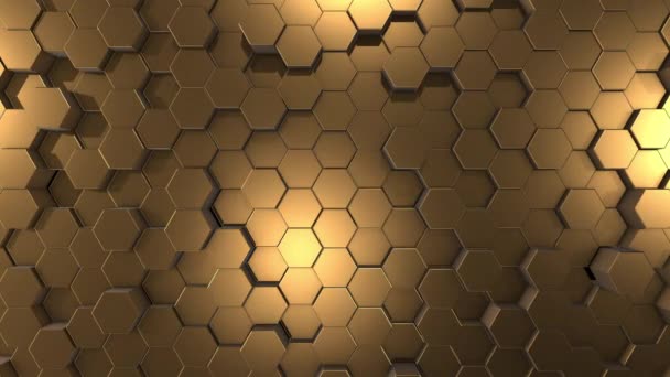 Animering Gyllene Polygonala Cylindrar Hexagoner Texturerad Bakgrund Med Slumpmässiga Rörelser — Stockvideo