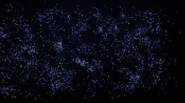 Hızla yanıp sönen mavi piksel noktalar koyu arkaplanda. Dijital ekran. Soyut döngüye alınmış canlandırma.
