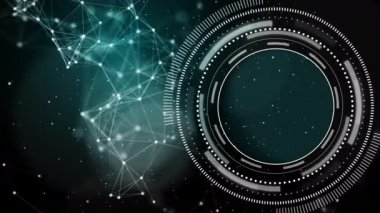 Siyah zemin üzerinde pleksus noktaları ve çizgileri olan animasyon daire HUD arayüzü. Geleceğe dönük teknolojik bir element. Boşluğu kopyala.