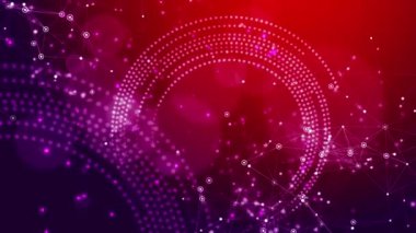 Hareket eden noktaların ve çizgilerin soyut dijital bağlantısı. Geometrik şekiller ve kırmızı arkaplanda daireler. Küçük parçacıklar ve bulanık bokeh. Döngülü canlandırma.