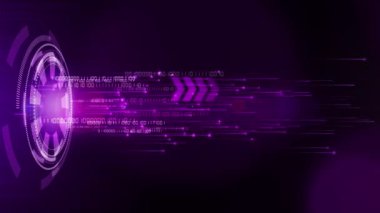 Yüksek teknolojili mor arka plan ve yuvarlak HUD elemanı. Dijital ikili kodla parlak ışık huzmelerini hareket ettiriyor. Döngülü canlandırma.