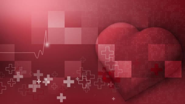Animacja Czerwone Serce Medyczne Abstrakcyjne Tło Symbolami Opieki Zdrowotnej Kardiogram — Wideo stockowe