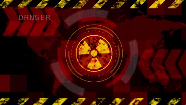 Símbolo Nuclear Brilhante Tela Vermelha Com Mensagem Perigo Radioativo Elementos — Vídeo de Stock