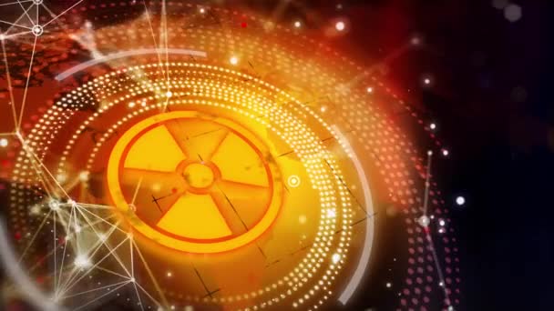 Κίτρινη Εικόνα Σύμβολο Κινδύνου Ακτινοβολίας Σκούρο Φόντο Και Παγκόσμιο Χάρτη — Αρχείο Βίντεο