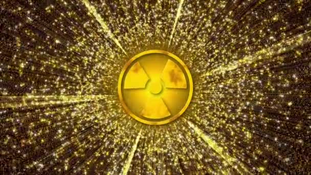 Señal Peligro Radiación Brillo Amarillo Con Pequeñas Partículas Voladoras Energía — Vídeos de Stock