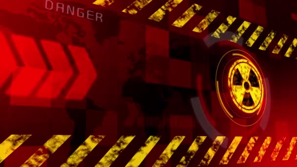 Red Grunge Background Nuclear Danger Warning Flashing Arrows Radiation Sign — Stock Video