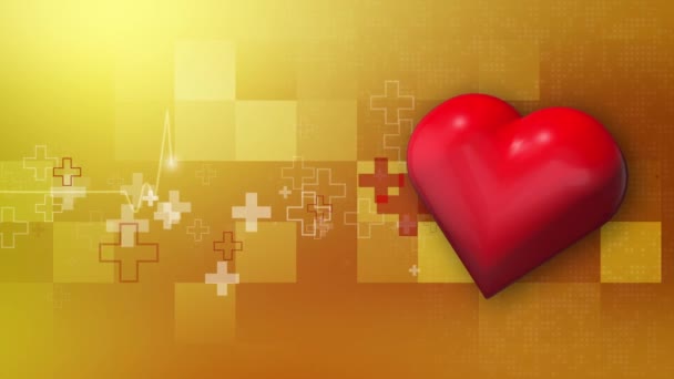 Animação Coração Vermelho Fundo Amarelo Abstrato Com Pixels Cruzes Médicas — Vídeo de Stock
