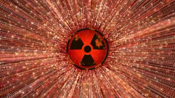 红色放射性动画屏幕保护与标志 核能设置图标动画与明亮的发光运动粒子 循环运动图形 — 图库视频影像