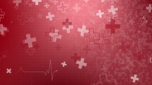 Анимация Медицинских Крестов Красном Абстрактном Фоне Сеткой Научная Карта Здравоохранения — стоковое видео