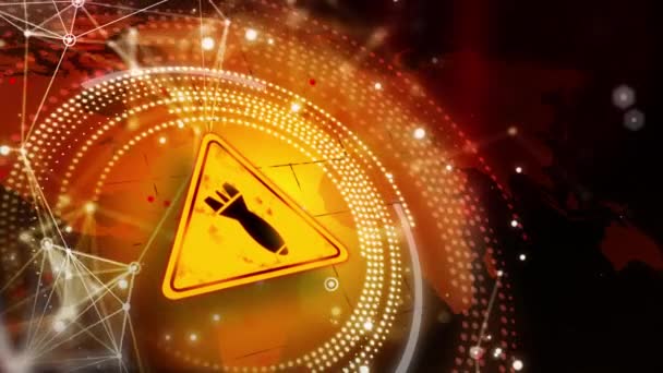 Žlutý Varovný Symbol Nebezpečí Bombardování Vojenská Animace Ikonovou Bombou Mapě — Stock video