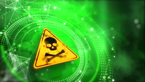 动画警告三角黄色标志与骷髅 有毒的环境污染 摘要环状绿色背景 点和线的几何数字 — 图库视频影像