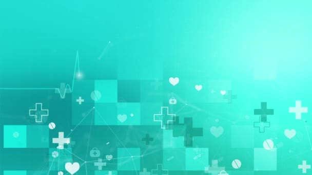 Absztrakt Orvosi Zöld Pixel Háttér Egészségügyi Szimbólumokkal Szívverés Diagram Élénk — Stock videók