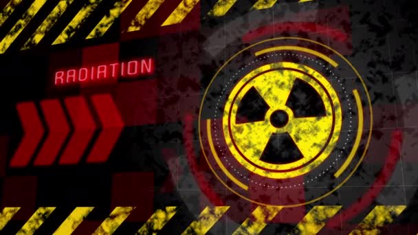 Radioaktiva Föroreningar Varning Animation Strålningssymbol Med Barriär Gul Tejp Och — Stockvideo