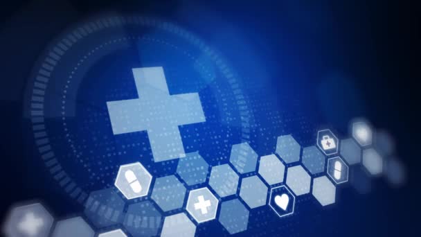 Hexagon Medicinska Ikoner Blå Animerad Vetenskaplig Bakgrund Korssymbol För Hälso — Stockvideo